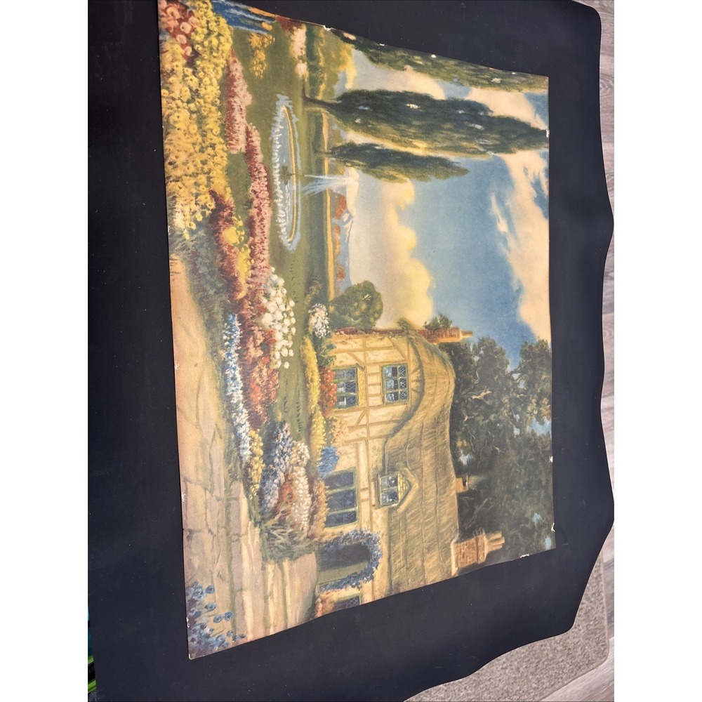 Lot of 2 Antique R Atkinson Fox Lithographs 14x18 Cottage Garden Prints 1920s